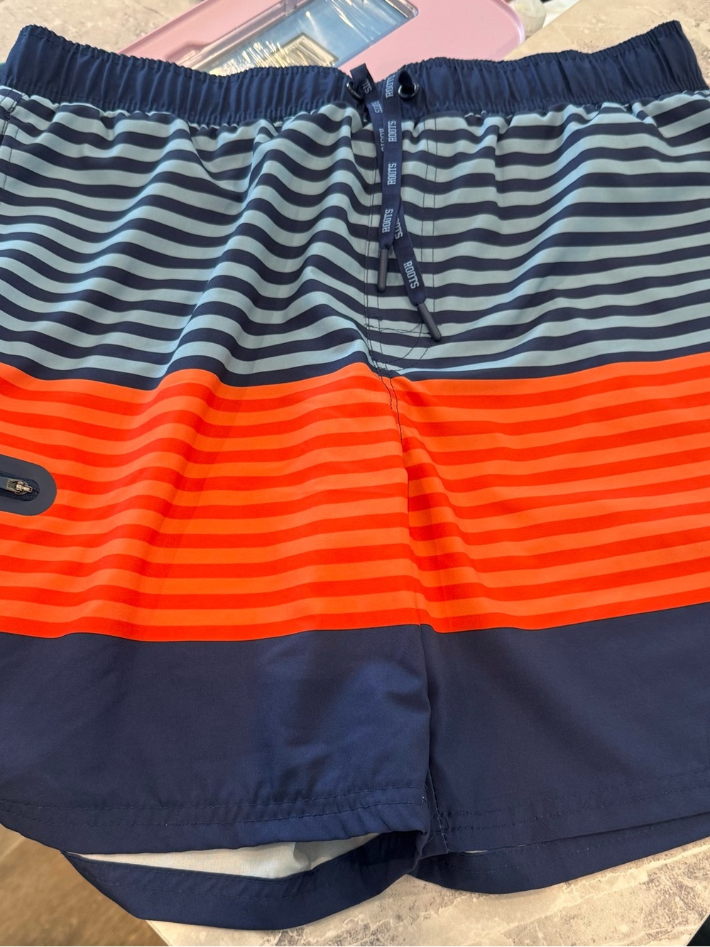 Roots Men's Navy, Light Blue & Orange Striped Swim Trunks